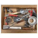 Flat of kitchen utensils. Includes red wooden hand