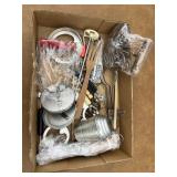 Flat of misc. kitchen utensils. Includes red wood
