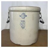 6 gallon White Hall crock with metal handles. Has