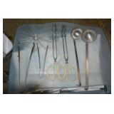 TOTE OF LADELS, MEASURING SPOONS, TONGS, &OTHER