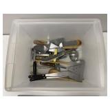 TOTE OF WOODEN HANDLED UTENSILS