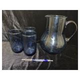 COLORED VASES, PITCHER & GLASSES SET - BLUE
