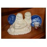 CERAMIC FIGURINE, TEA CUPS, BLUE CRITTER PLATES