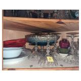 STEMWARE, CAKE PLATE, SERVING BOWLS, & (9) PLATES