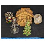 WOODEN NATIVITY SCENE, (2) SMALL CHRISTMAS TREES,