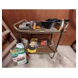 METAL SMALL SHELF WITH GARDEN TOOLS & FERT.