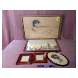 (3) Antique Pictures in Frames (2) Picture Frames