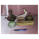 (2) Brass Candle Holders, Trinket Tray, Green Lid