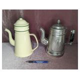 (2) Tea Pots: Enamel White & Green,