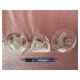 (3) Etched Glass Decorations: Ducks, Cat, &