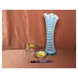 Clear Glass Spoon Holder; Blue Fluted Vase;