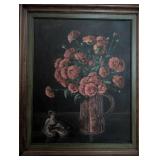 Geraniums in Copper Pitcher with Quail Figures