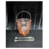 Pink Depression Glass Ice Bucket with Tongs