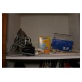 CONTENTS OF CLOSET- IRONING BOARD, HANGERS,