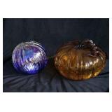 BLOWN GLASS PUMPKIN, BLUE LIGHT UP GLASS DECOR