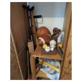 CRUTCHES, PLUNGER, CONTENTS OF GARAGE CABINET,