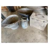 2 coal buckets and wood box. buckets are rusty
