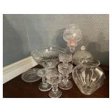 Clear glass bowl, candle holders and misc.