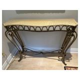 Heavy metal entry way table wood top. Top shows