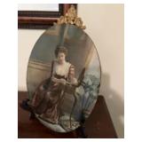 Old picture of woman looking at pearls. Measures