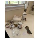 Animal trinket boxes, glass turtle, mustache cup