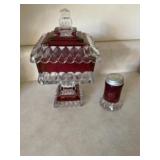 Red and clear candy dish and salt shaker. Salt