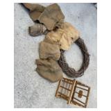 Grapevine wreath crate and old burlap feed sacks