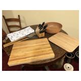 Cutting boards knives dish cloths wood bowl and