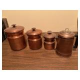 3 vintage copper Tagus canisters and percolator.