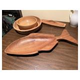 Large wood fish serving peas, two wood bowls and