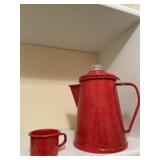 Red granite ware percolator and several (approx.