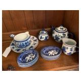 Tea pot, cream and sugar and miscellaneous blue