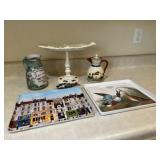 Oval metal serving tray on stand and