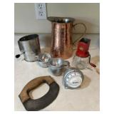 Old measuring cups, copper pitcher timer nut