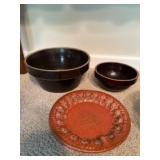 Two crock bowls and plate