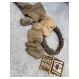 Grapevine wreath crate and old burlap feed sacks
