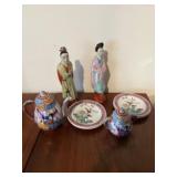 Oriental figures, 4 small plates and teapot and