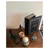 Misc. decor incl. cast iron shoe. "Book" is a box
