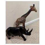 Wood rhinoceros and giraffe. Giraffe appears to