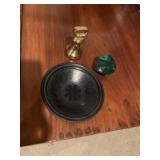 2 pound brass weight stone and black saucer