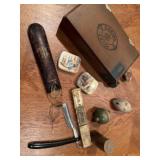 Old straight razor cigar box wood top and other