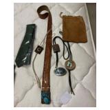 Belt ties and leather bag