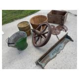 Old wheel, coal bucket and miscellaneous