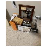 Table top mirror, West clocks clock radio and