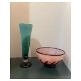 Aqua and blue vase and pink bowl. From Do U Glass