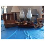 Five lamps wooden items napkin rings and