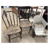 Antique baby stroller and two antique chairs