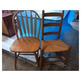 Five wooden chairs two rockers two with wicker