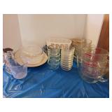 Fire King dish with lid two Pyrex measuring cups
