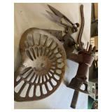 Antique water pump part, DEERING tractor seat,
